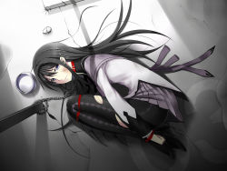 Rule 34 | 10s, 1girl, akemi homura, argyle, argyle clothes, argyle legwear, bdsm, black hair, black pantyhose, bondage, bound, bound arms, bound knees, bound legs, bowl, bruise, chain, chained, collar, crack, cracked floor, fetal position, from above, full body, high heels, highres, injury, kamata yuuya, long hair, looking at viewer, lying, mahou shoujo madoka magica, mahou shoujo madoka magica (anime), on side, pantyhose, pet bowl, plantar flexion, purple eyes, scar, school uniform, scratches, shoes, solo, torn clothes, torn pantyhose, wrists to ankles