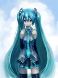 Rule 34 | 1girl, aqua eyes, aqua hair, arms behind back, bad id, bad pixiv id, cloud, day, detached sleeves, female focus, hatsune miku, headphones, headset, long hair, microphone, necktie, occult soda, outdoors, skirt, sky, smile, solo, thighhighs, twintails, very long hair, vocaloid