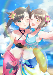 Rule 34 | 2girls, arm behind back, asymmetrical bangs, beach, bikini, black hair, blush, breasts, brown hair, cheek-to-cheek, choker, cleavage, creatures (company), day, flower, frills, game freak, gloria (pokemon), gloria (summer 2021) (pokemon), green eyes, hair flower, hair ornament, heads together, hibiscus, highres, holding, holding swim ring, innertube, kamonohashi (19881001), lens flare, long hair, marnie (pokemon), marnie (summer 2021) (pokemon), multiple girls, navel, nintendo, ocean, official alternate costume, one eye closed, open mouth, parted lips, pokemon, pokemon masters ex, rainbow, sarong, short hair, small breasts, sunlight, swim ring, swimsuit, twintails, two side up, yellow eyes, yuri