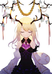 Rule 34 | 1girl, absurdres, antlers, bare shoulders, black dress, blonde hair, bow, brooch, bug, butterfly, closed eyes, commentary request, crystal, detached sleeves, dress, earrings, ema, facing viewer, flower, frills, highres, horns, insect, jewelry, long hair, original, simple background, single earring, sleeveless, sleeveless dress, smile, solo, string, string of fate, torry912, upper body, white background, white bow