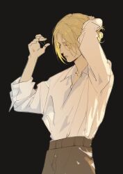 Rule 34 | 1girl, absurdres, alternate costume, annie leonhart, black background, blonde hair, brown pants, chinese commentary, closed eyes, collarbone, collared shirt, commentary request, cowboy shot, expressionless, from side, hair bun, hand on own head, hands up, highres, holding hair tie, moyudexiaoge74519, pants, shingeki no kyojin, shirt, shirt tucked in, short hair, simple background, single hair bun, solo, standing, swept bangs, tying hair, white shirt