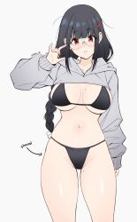 1girl absurdres arrow_(symbol) aulia_(reia_76) bikini black_bikini black_hair braid braided_ponytail breasts commentary curvy english_text grey_background grey_jacket highres jacket long_hair long_sleeves looking_at_viewer medium_breasts mole mole_on_breast mole_on_thigh navel original red_eyes reia_76 round_eyewear simple_background solo standing swimsuit thighs