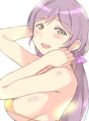 Rule 34 | 10s, 1girl, :d, bikini, blush, breasts, duke (inu daimyou), from side, green eyes, hair ornament, hair scrunchie, hand on own neck, large breasts, long hair, looking at viewer, love live!, love live! school idol project, low twintails, micro bikini, open mouth, purple hair, scrunchie, sideboob, simple background, smile, solo, swimsuit, tojo nozomi, twintails, upper body, white background, yellow bikini