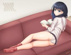 Rule 34 | 10s, 1girl, artist name, ass, black hair, black skirt, blue eyes, blush, book, cardigan, closed mouth, couch, female focus, full body, gridman universe, highres, kneepits, looking at viewer, looking back, lying, on couch, on side, panties, pleated skirt, shiny skin, skirt, socks, solo, ssss.gridman, takarada rikka, underwear, white cardigan, white panties, yanows