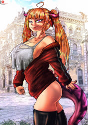 Rule 34 | 1girl, ass, bare shoulders, breasts, city, dragon girl, dragon horns, dragon tail, highres, hololive, horns, huge ass, huge breasts, jacket, kiryu coco, long hair, looking at viewer, multicolored eyes, orange hair, pointy ears, smile, tail, thighhighs, very long hair, virtual youtuber