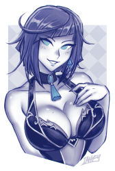 Rule 34 | 1girl, artist name, bare arms, blunt bangs, breasts, choker, cleavage, collarbone, commentary, earrings, genshin impact, highres, iahfy, jewelry, large breasts, looking at viewer, mole, mole on breast, parted lips, short hair, smile, solo, teeth, upper body, watermark, yelan (genshin impact)