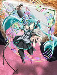Rule 34 | 1girl, absurdres, aqua eyes, aqua hair, bad id, bad pixiv id, colorful, detached sleeves, hatsune miku, highres, long hair, microphone, microphone stand, musical note, necktie, outstretched arm, outstretched hand, reaching, skirt, solo, staff (music), thighhighs, twintails, vocaloid, yukihanaok