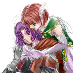 Rule 34 | couple, elbow gloves, erk, fire emblem, fire emblem: the blazing blade, gloves, green eyes, head wings, holding hands, hug, hug from behind, lowres, nintendo, own hands clasped, priscilla (fire emblem), purple eyes, purple hair, red hair, sad, short hair, smile, wings