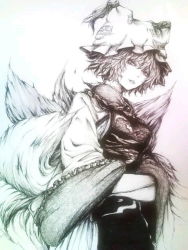 Rule 34 | 1girl, bad id, bad pixiv id, coco maru, dress, female focus, fox tail, hands in opposite sleeves, hat, hat with ears, monochrome, multiple tails, ofuda, short hair, solo, tabard, tail, touhou, wide sleeves, yakumo ran