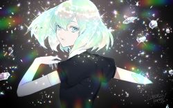 Rule 34 | 1other, amputee, androgynous, blue eyes, commentary request, crystal hair, diamond (houseki no kuni), elbow gloves, from behind, gem uniform (houseki no kuni), gloves, highres, houseki no kuni, kurono yuu, looking at viewer, looking back, missing limb, multicolored hair, open mouth, rainbow hair, shirt, short hair, short sleeves, signature, solo, sparkle