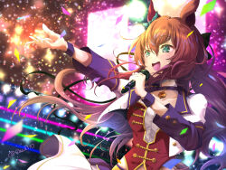 Rule 34 | 1girl, animal ears, aqua bow, aqua eyes, blurry, blurry background, blush, bow, breasts, brown hair, choker, commentary request, confetti, corset, cropped jacket, ear bow, hair between eyes, holding, holding microphone, horse ears, horse girl, jacket, long hair, maruzensky (umamusume), medium breasts, microphone, open clothes, open jacket, open mouth, pendant choker, purple choker, purple wristband, red corset, saca110, smile, solo, stage, starting future (umamusume), teeth, umamusume, upper teeth only