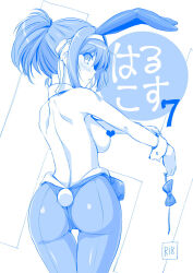 Rule 34 | 1girl, animal ears, ass, back, blue theme, blush, bow, bowtie, unworn bowtie, breasts, censored, commentary request, detached collar, fake animal ears, from behind, hair between eyes, hair ribbon, haruhisky, heart, heart censor, highres, large breasts, leotard, long hair, looking at viewer, looking back, monochrome, pantyhose, partially undressed, playboy bunny, ponytail, rabbit ears, rabbit tail, ribbon, short ponytail, shoulder blades, solo, suzumiya haruhi, suzumiya haruhi no yuuutsu, tail, thigh gap, thighs, white background, wrist cuffs