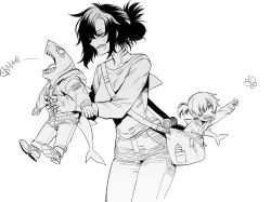 Rule 34 | 1boy, 2girls, @ @, angry, bag, bite mark, black hair, blush, breasts, brother and sister, bug, butterfly, child, cowboy shot, denim, fins, fish bone, fish tail, greyscale, handbag, highres, in bag, in container, insect, jeans, lifting person, mature female, monochrome, mother and daughter, mother and son, multiple girls, original, pants, ratatatat74, reaching, reaching towards viewer, shark boy, shark fin, shark girl, shark head, shark tail, sharp teeth, shirt, shoes, siblings, simple background, tail, teeth, white background