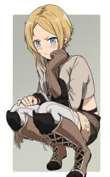 Rule 34 | 1girl, absurdres, black fur, blonde hair, blue eyes, blush, boots, border, closed mouth, crop top, cropped jacket, dot nose, female focus, frown, fur-trimmed gloves, fur trim, gloves, grey background, highres, lan 3736, leather, leather boots, leather gloves, legs together, midriff peek, mushoku tensei, outside border, sara (mushoku tensei), short hair, shorts, sidelocks, simple background, single glove, solo, squatting, tareme, thighhighs, v-shaped eyebrows, white border