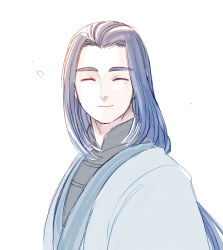 Rule 34 | 1boy, blue hair, closed eyes, highres, long hair, male focus, micho, simple background, smile, solo, luo xiaohei zhanji, upper body, white background, wuxian (the legend of luoxiaohei)
