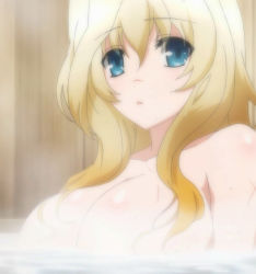 Rule 34 | bath, blonde hair, breasts, highres, huge breasts, kyoukaisenjou no horizon, mary stuart, scar, steam, stitched, third-party edit