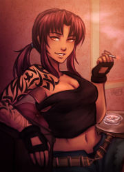 Rule 34 | 1girl, black lagoon, breasts, brown hair, cigarette, cleavage, grin, iahfy, light smile, long hair, looking at viewer, midriff, navel, off shoulder, open fly, ponytail, revy (black lagoon), shorts, shoulder tattoo, sidelocks, sitting, smile, smoking, solo, strap slip, tank top, tattoo, unzipped, upper body, yellow eyes