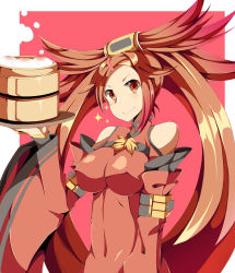 Rule 34 | 1girl, baozi, breasts, brown eyes, brown hair, chinese clothes, clothing cutout, food, guilty gear, hair ornament, hairclip, highres, kuradoberi jam, large breasts, long sleeves, looking at viewer, navel, nipples, olly (ollycrescent), shoulder cutout, smile, solo, sparkle, wide sleeves
