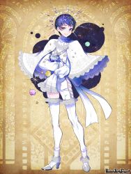 Rule 34 | 1boy, blue eyes, blue hair, cape, copyright name, full body, high heels, holding planet, male focus, morino bambi, original, pandora party project, parted lips, planet, simple background, sleeves past fingers, sleeves past wrists, smile, thighhighs, trap, white cape, white thighhighs, yellow background