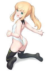 Rule 34 | 1girl, absurdres, alice gear aegis, black thighhighs, blonde hair, blush, booth babe, breasts, clothing cutout, companion/af, covered collarbone, female focus, from behind, full-length zipper, full body, green eyes, heattech leotard, highleg, highleg leotard, highres, hutokumi, jacket, kneeling, leotard, long hair, looking at viewer, looking back, multicolored leotard, noelle francesca, open leotard, ponytail, race queen, simple background, sleeveless, sleeveless turtleneck, sleeveless turtleneck leotard, small breasts, smile, solo, thighhighs, turtleneck, zipper
