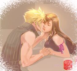 Rule 34 | 1boy, 1girl, arm ribbon, bare arms, bare shoulders, black hair, black vest, blonde hair, breasts, brown hair, closed eyes, closed mouth, cloud strife, commentary, couple, cup, elbow rest, facing another, final fantasy, final fantasy vii, final fantasy vii advent children, from side, goodsign, hand on another&#039;s face, highres, indoors, kiss, kiss day, large breasts, leaning forward, lips, long hair, pink lips, popped collar, profile, red ribbon, ribbed shirt, ribbon, shirt, sleeveless, sleeveless shirt, smile, spiked hair, swept bangs, tifa lockhart, twitter username, upper body, vest