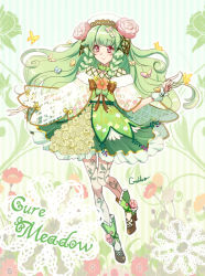 Rule 34 | 1girl, asymmetrical clothes, bow, braid, brown bow, bug, butterfly, character name, dress, flower, full body, galibo, green hair, green theme, headdress, bug, long hair, magical girl, original, pink eyes, pink flower, pink rose, precure, ribbon, rose, shawl, shoes, signature, smile, solo, yellow flower, yellow rose