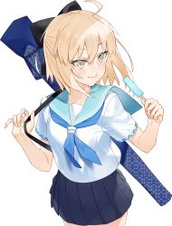 Rule 34 | 1girl, :t, ahoge, black bow, blonde hair, blue sailor collar, blue skirt, blush, bow, closed mouth, commentary request, eating, fate/grand order, fate (series), food, grey eyes, hair between eyes, hair bow, hands up, hayashi kewi, holding, holding food, koha-ace, okita souji (fate), okita souji (koha-ace), pleated skirt, popsicle, sailor collar, school uniform, serafuku, shirt, short sleeves, simple background, skirt, solo, weapon bag, white background, white shirt