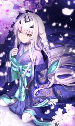 Rule 34 | 1girl, black choker, blue kimono, brown eyes, cherry blossoms, choker, closed mouth, commentary request, fairy knight lancelot (dream portrait) (fate), fate/grand order, fate (series), forked eyebrows, hair ornament, highres, japanese clothes, kimono, layered clothes, layered kimono, long hair, looking at viewer, melusine (dream portrait) (fate), melusine (fate), multicolored clothes, multicolored kimono, neko daruma, obi, official alternate costume, petals, purple kimono, sash, sitting, sleeves past wrists, solo, very long hair, wariza, white hair, wide sleeves