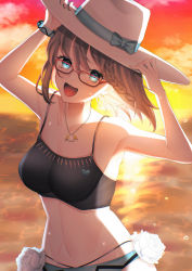 Rule 34 | 1girl, absurdres, bare shoulders, beach, bikini, black bikini, blue bikini, braid, breasts, brown hair, charlotte corday (fate), charlotte corday (swimsuit caster) (fate), charlotte corday (swimsuit caster) (first ascension) (fate), cleavage, collarbone, fate/grand order, fate (series), flower, funa (funafuna 001), glasses, gradient sky, green eyes, hat, highres, jewelry, large breasts, looking at viewer, mismatched bikini, navel, necklace, ocean, open mouth, orange sky, pendant, short hair, side braid, sky, smile, solo, sun hat, sunset, swimsuit, twilight, white hat