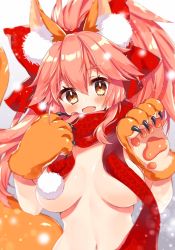 Rule 34 | 1girl, animal ear fluff, animal ears, animal hands, bad id, bad twitter id, bow, breasts, fang, fate (series), fox ears, fox tail, gloves, gradient background, grey background, hair between eyes, hair bow, hands up, high ponytail, highres, honoka chiffon, large breasts, long hair, looking at viewer, naked scarf, navel, open mouth, paw gloves, pink hair, pom pom (clothes), red bow, scarf, shiny skin, sidelocks, skin fang, smile, solo, tail, tamamo (fate), tamamo cat (fate), upper body, white background, yellow eyes