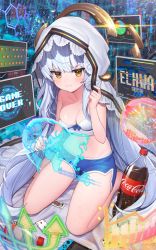 Rule 34 | 1girl, artist request, bare legs, barefoot, blue hair, blush, breasts, camisole, card, cleavage, closed mouth, coca-cola, commission, dolphin shorts, glint, light blue hair, medium breasts, midriff, navel, nintendo switch, playing card, second-party source, short shorts, shorts, sidelocks, sitting, solo, strap slip, sung-eun (unleashed), unleashed, veil, wariza, wavy mouth, yellow eyes