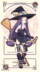 Rule 34 | 00s, 1girl, ayase yue, book, braid, broom, card (medium), character name, gloves, hat, long hair, mahou sensei negima!, mercury symbol, pactio, purple eyes, purple hair, solo, thighhighs, twin braids, twintails, wand, witch, witch hat