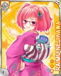 Rule 34 | 1girl, bow, from behind, gear, girlfriend (kari), glasses, hand on own hip, japanese clothes, kimono, nejikawa raimu, official art, open mouth, pink hair, pointing, purple bow, purple hair, qp:flapper, robot, smile, solo, tagme, twintails, yellow background