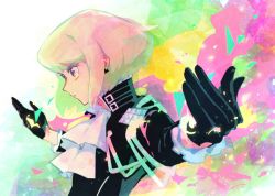 Rule 34 | 1boy, black gloves, black jacket, blonde hair, ascot, gloves, half gloves, jacket, kiharatta, lio fotia, male focus, outstretched arms, promare, purple eyes, solo