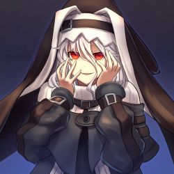 Rule 34 | 1girl, arknights, artist name, black dress, blue background, chagara, commentary request, dress, gradient background, grey hair, habit, hair between eyes, hands up, long hair, looking at viewer, nun, parted lips, red eyes, smile, solo, specter (arknights), yandere trance