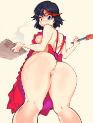 Rule 34 | 1girl, anus, apron, ass, black hair, blue eyes, blush, breasts, cleft of venus, commentary, cookie, english commentary, food, from behind, highres, holding, holding tray, kill la kill, looking back, matoi ryuuko, medium breasts, multicolored hair, naked apron, nose blush, onaefruit, pussy, red apron, red hair, short hair, shoulder blades, sideboob, solo, spatula, streaked hair, sweatdrop, thick thighs, thighs, tray
