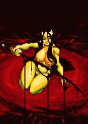 Rule 34 | 1girl, absurdres, bankai, bleach, blood, bloody weapon, breasts, evil grin, evil smile, grin, highres, katana, large breasts, looking at viewer, nipples, nude, smile, sword, thick thighs, thighs, unohana retsu, weapon