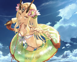 Rule 34 | 1girl, :p, bandeau, bare shoulders, bikini, blonde hair, blue sky, breasts, butt crack, cleavage, cloud, cloudy sky, commentary request, cowboy shot, day, duplicate, earrings, facial mark, fate/grand order, fate (series), flower, food, from above, front-tie bikini top, front-tie top, gluteal fold, hair flower, hair ornament, highres, horns, ibaraki douji (fate), ice cream, ice cream cone, innertube, jewelry, leaning forward, long hair, looking at viewer, looking up, navel, redjuice, revision, side-tie bikini bottom, sidelocks, sky, small breasts, solo, swim ring, swimsuit, tattoo, tongue, tongue out, very long hair, yellow eyes