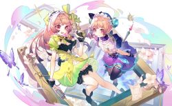Rule 34 | 2girls, atelier (series), atelier lydie &amp; suelle, blush, bow, bowtie, breasts, bug, butterfly, carelier11, cleavage, flower, gloves, gun, hairband, highres, holding, holding gun, holding weapon, insect, long hair, looking at viewer, lydie marlen, multiple girls, open mouth, pink eyes, pink hair, short hair, siblings, side ponytail, sisters, skirt, small breasts, smile, staff, suelle marlen, thighhighs, twins, weapon, yellow bow