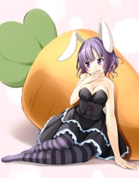 Rule 34 | 1girl, animal ears, breasts, carrot, cleavage, dress, hand to own mouth, open mouth, original, oversized object, pantyhose, purple eyes, purple hair, rabbit ears, shibacha (shibacha 0728), short hair, sitting, smile, solo, strapless, strapless dress, striped clothes, striped pantyhose