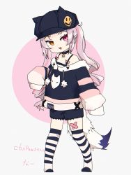 Rule 34 | 1girl, animal ears, bare shoulders, bike shorts, blush, bow, cabbie hat, camisole, chii paws, choker, curly hair, fox girl, fox tail, hat, heterochromia, highres, indie virtual youtuber, long hair, mole, mole under eye, multicolored hair, oversized clothes, shorts, solo, streaked hair, tail, thick eyebrows, twintails, virtual youtuber, white camisole, white hair