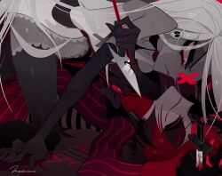 Rule 34 | 1boy, 1girl, alastor (hazbin hotel), blood, colored sclera, commentary request, eye contact, formal, glaring, grey eyes, grey hair, hazbin hotel, highres, holding, holding polearm, holding weapon, impaled, knife, long hair, looking at another, lying, missing eye, on back, on ground, polearm, red eyes, red sclera, shamoji (shimasshu), short hair, smile, suit, vaggie, weapon