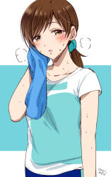 Rule 34 | 1girl, alternate hairstyle, blue pants, blue towel, blush, border, breasts, brown eyes, brown hair, collarbone, dot nose, exhausted, gen (enji), green background, green scrunchie, green shirt, hair ornament, hair scrunchie, hand up, heavy breathing, highres, holding, holding towel, idolmaster, idolmaster cinderella girls, idolmaster cinderella girls starlight stage, long hair, looking at viewer, medium breasts, nitta minami, open mouth, outside border, pants, ponytail, scrunchie, shirt, short sleeves, sweat, towel, twitter username, upper body, white border