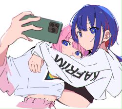 Rule 34 | 2girls, arms around neck, atenaba, blue eyes, blue hair, cellphone, closed mouth, colored inner hair, cropped hoodie, hand on another&#039;s shoulder, highres, holding, holding phone, hood, hood down, hoodie, hug, kaf (kamitsubaki studio), kamitsubaki studio, midriff, multicolored clothes, multicolored hair, multicolored hoodie, multiple girls, pants, phone, pink hair, pink hoodie, pink pants, red hair, rim (kamitsubaki studio), selfie, simple background, smartphone, taking picture, white background, white hoodie, yellow pupils, yuri