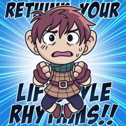 Rule 34 | 1boy, armor, belt, black pants, blue background, boots, brown gloves, brown hair, chibi, chilchuck tims, commentary, dungeon meshi, emphasis lines, english commentary, english text, fingerless gloves, full body, gloves, green scarf, halfling, highres, jumping, leather armor, long sleeves, looking at viewer, male focus, mossystars, pants, red hair, scarf, shirt, short hair, solo, source quote, white shirt