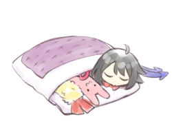 Rule 34 | 1girl, asymmetrical wings, black hair, blue wings, bow, bowtie, chibi, commentary request, futon, houjuu nue, lying, naegi (naegidokoro), on bed, on stomach, red bow, red bowtie, red wings, short hair, simple background, sleeping, solo, stuffed animal, stuffed rabbit, stuffed toy, touhou, white background, wings
