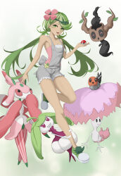 Rule 34 | 1girl, :d, absurdres, bare arms, breasts, cleavage, commentary request, creatures (company), dark-skinned female, dark skin, fletchling, flower, footwear ribbon, game freak, gen 6 pokemon, gen 7 pokemon, green eyes, green footwear, green hair, green headband, green ribbon, grey overalls, hand up, headband, highres, holding, holding poke ball, leg up, long hair, lurantis, mallow (pokemon), nintendo, open mouth, overall shorts, overalls, phantump, pink flower, pink shirt, poke ball, pokemon, pokemon (creature), pokemon sm, ribbon, shiinotic, shirt, shoes, small breasts, smile, steenee, swept bangs, twintails, yeyiye (2954504619)