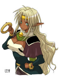 Rule 34 | 1990s (style), 1girl, :3, aisha clanclan, alternate hairstyle, aqua eyes, bell, neck bell, blonde hair, bracelet, breasts, circlet, cleavage, collar, dark skin, dark-skinned female, facepaint, facial mark, hair down, hand on own hip, hip focus, itou yuuji, jewelry, jingle bell, large breasts, long hair, aged up, outlaw star, pointy ears, solo, wavy hair