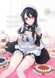 Rule 34 | 1girl, apron, bare shoulders, black dress, black hair, breasts, cake, cake slice, closed mouth, clothing cutout, cup, dress, food, frilled apron, frills, garter straps, holding, holding cup, holding saucer, hu kotora, large breasts, long hair, long sleeves, looking at viewer, maid, maid apron, maid headdress, original, purple eyes, saucer, shoulder cutout, sideboob, sitting, skindentation, smile, solo, teacup, thighhighs, thighs, tiered tray, zettai ryouiki