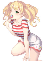Rule 34 | 1girl, absurdres, arm support, blonde hair, candy, eating, food, green eyes, highres, lollipop, long hair, looking at viewer, miniskirt, monika weisswind, open mouth, princess connect!, shawn358, shirt, short sleeves, simple background, skirt, solo, striped clothes, striped shirt, tongue, tongue out, twintails, white background